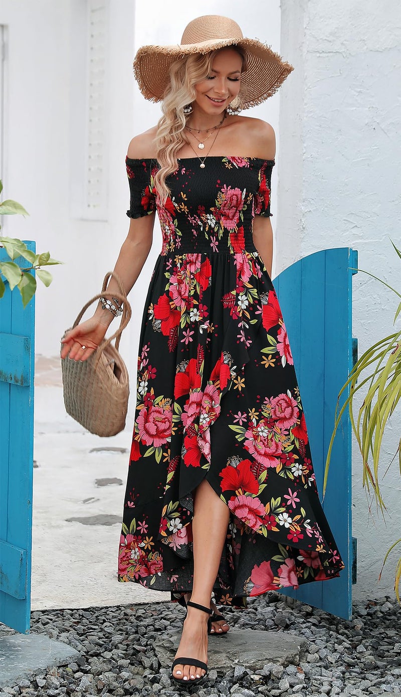 Kormei Women Short Sleeve Off Shoulder Floral High Low Flowy Summer Party Long Maxi Dress M Black&Red - Image 2